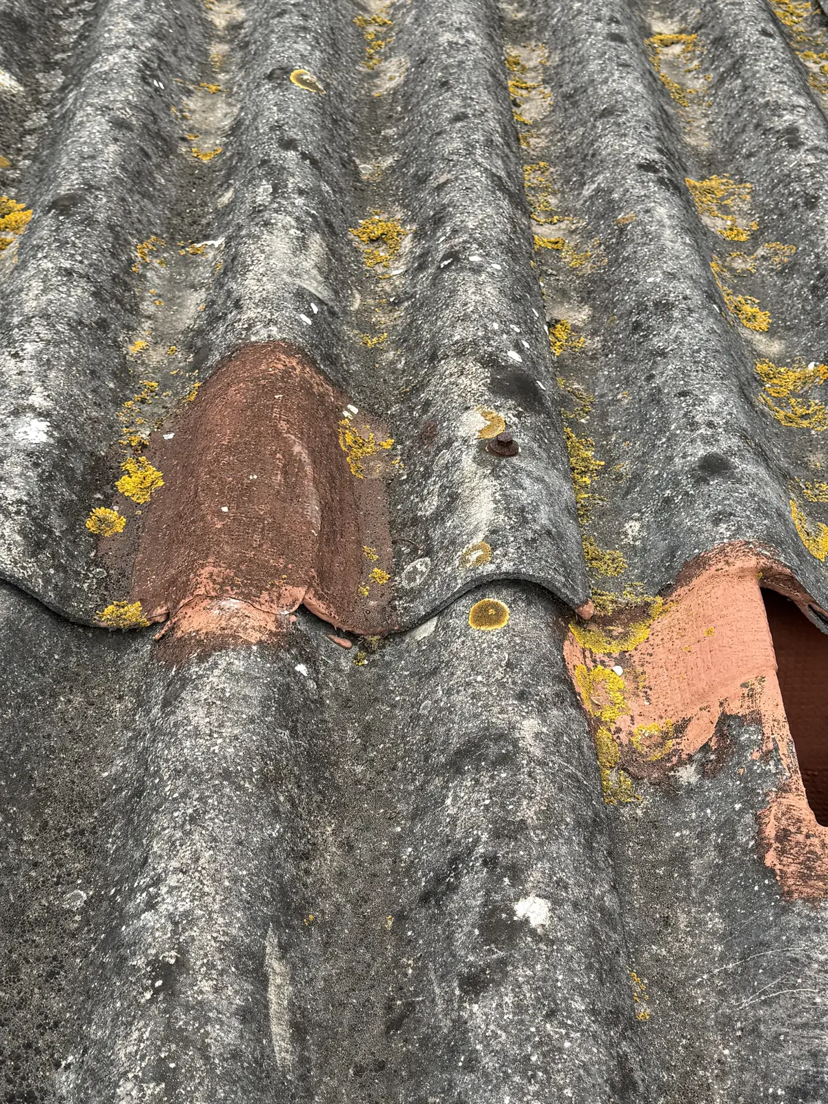 Pormenor de placas onduladas com bordos partidos, uma abertura e fixação visível